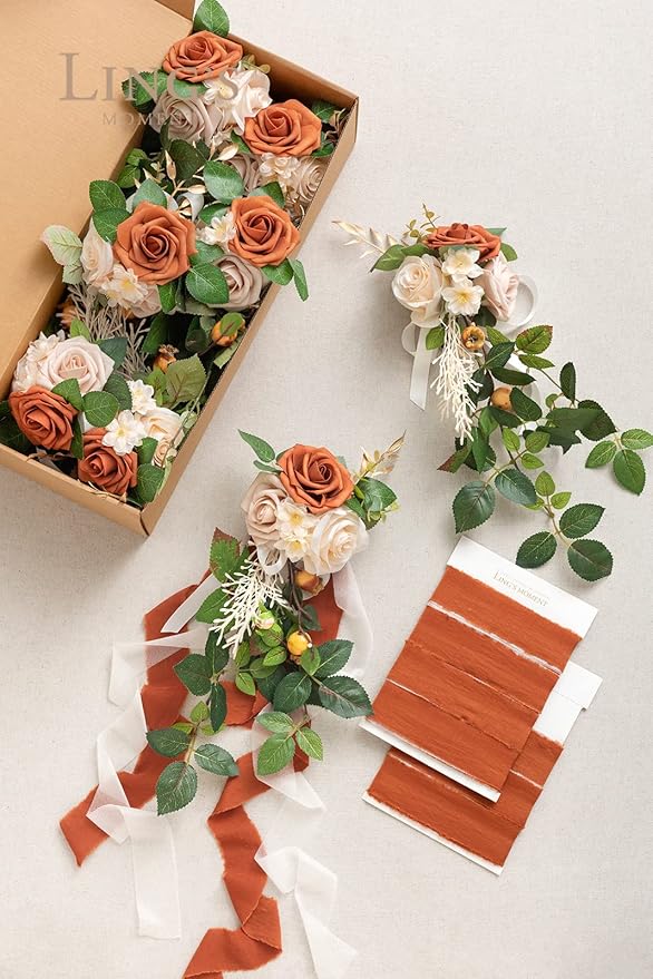 Ling's Moment 8 Wedding Artificial Aisle Pew Flowers Chair Decorations Arrangements With Chiffon Ribbons Sunset Terracotta for Ceremony Reception Chair Back Floral Decor Reception Church Party Outdoor