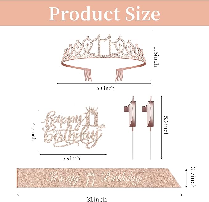 11th Birthday Decorations for Girl with Sash and Tiara, Numeral Candle and Cake Topper, 11 Year Old Birthday Decorations Gifts, Rose Gold Party Favor Supplies