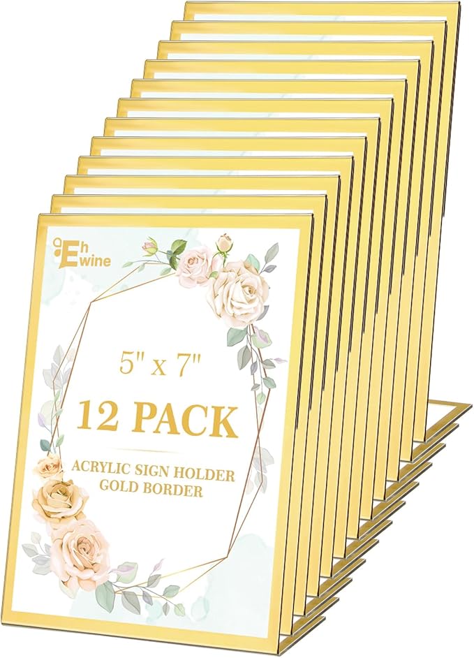 EHWINE 12 Pack 5 x 7 Acrylic Sign Holder, Clear Plastic Signs Display Stand, Gold Slanted Back Paper Holder Stand up Table Top Sign Holders Flyer Stand Frames Suitable for Office Business Store