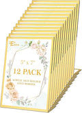EHWINE 12 Pack 5 x 7 Acrylic Sign Holder, Clear Plastic Signs Display Stand, Gold Slanted Back Paper Holder Stand up Table Top Sign Holders Flyer Stand Frames Suitable for Office Business Store
