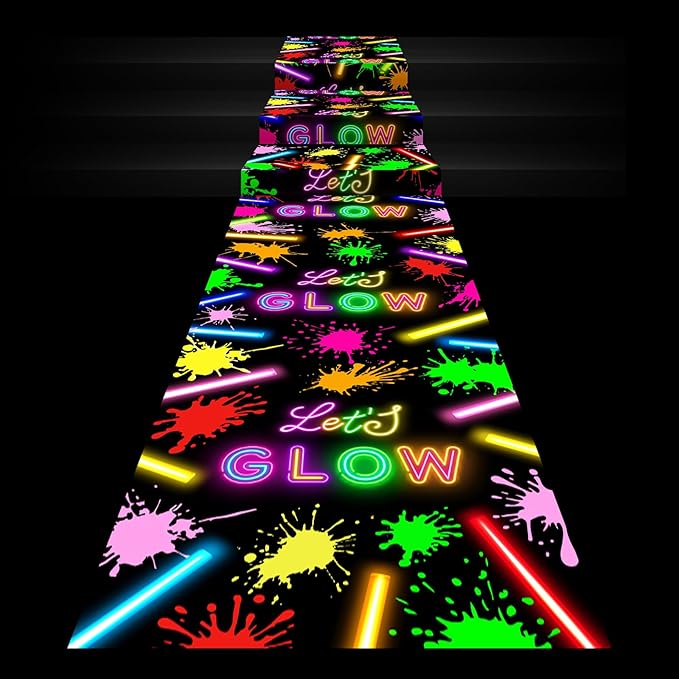 Haull 118 x 39 Inch Neon Light up Dance Floor Glow in The Dark Runner UV Reactive Blacklight Floor Aisle Runner Decor Wall Props for 80s 90s Neon Birthday Party Decorations(Let's Glow)