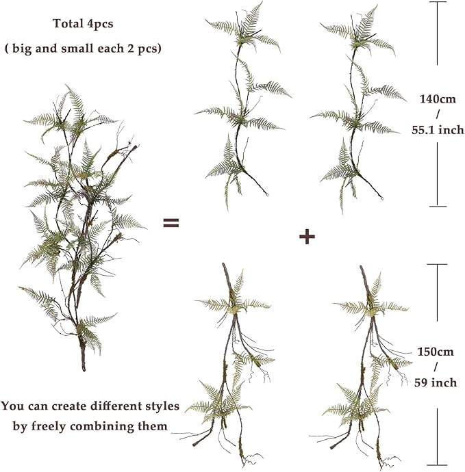 78.7 in Height Set of Artificial Tree Branches with 4pcs Persian Fern Leaves Fake Tree Vines Trunk Twigs Silk Moss Green Plants for Wall Hanging Home Wedding Backdrop Room Shop Decoration