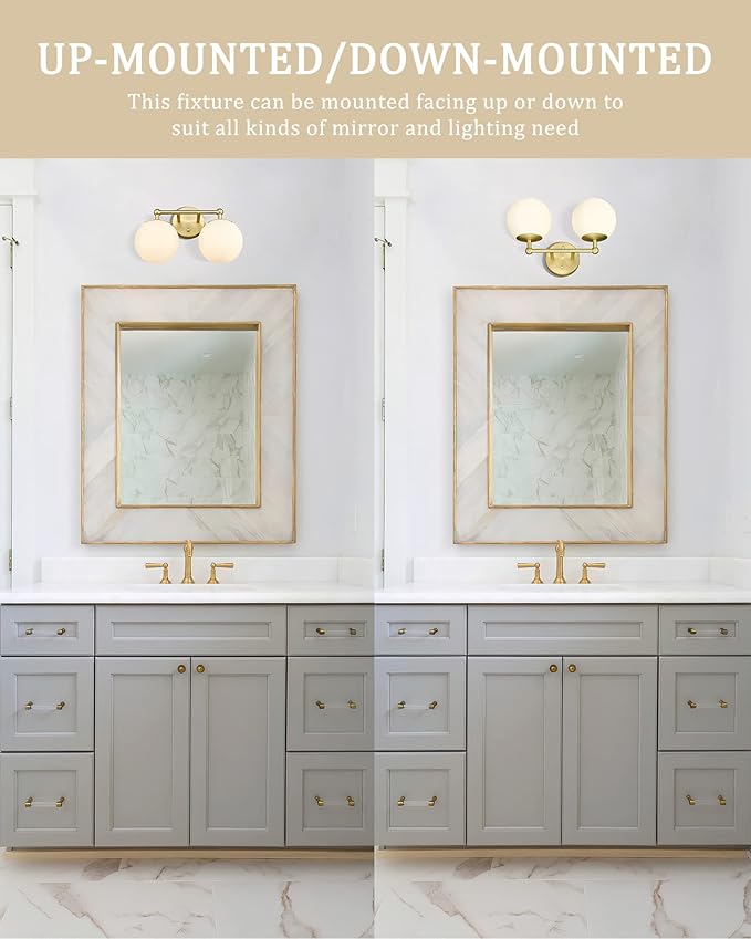 Gold Bathroom Light Fixtures, 2-Light Vanity Lights Over Mirror Wall Sconce with White Etched Glass Globe, KW-7308-2