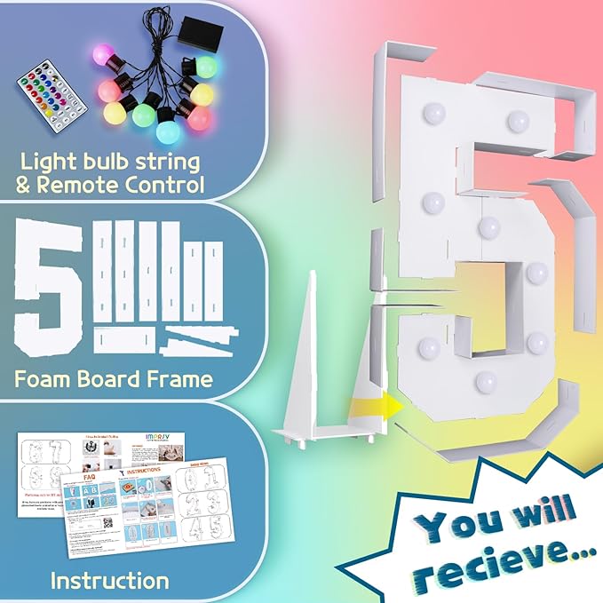 imprsv 3FT Colorful Marquee Numbers,18 Colors Number 5 with Remote, Light Up Numbers Sign for 1st Birthday Decorations Anniversary Party Decor, Pre-Cut Foam Board Kit, Mosaic Sign for Balloon