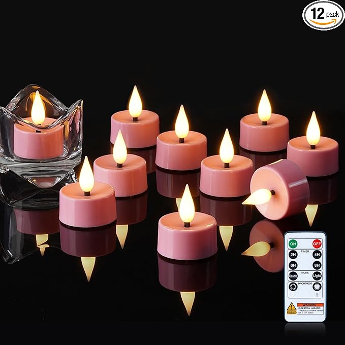 Amagic Flameless Pink Timer Remote Tealights Candles, 3D Black Wick Flickering Tea Light, 400+Hour Colored Votive Candles Battery Operated, Set of 12 for Romantic Wedding Decor, Baby Showers, Proposal