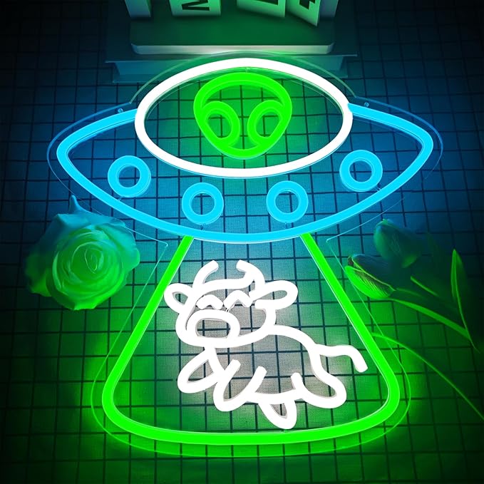 Alien Neon Sign Dimmable UFO Neon Signs for Wall Decor Bedroom Man Cave Alien Spaceship Cow Neon Sign for Kids Birthday Gift