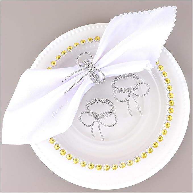 Silver Bow Napkin Rings Set of 12, Bow Tie Napkins Rings for Thanksgiving Christmas Festival Parties Wedding Banquet, Handmade Alloy Bowknot Ring Holders for Family Gathering Table Décor(Silver 12)