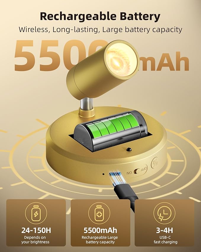 EZVALO LED Spotlight Indoor, 5500mAh Rechargeable Battery Picture Lights, Wireless Mini Art Accent Spot Lights with Remote, Uplighting Indoor for Plants Display Painting Artwork Portrait (1Pack-Gold)
