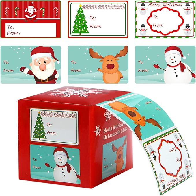 Elcoho 300 Pieces Christmas Self Adhesive Gift Tag Self Stick Stickers Gift Name Tag Christmas Stickers with 6 Different Designs (Color B)