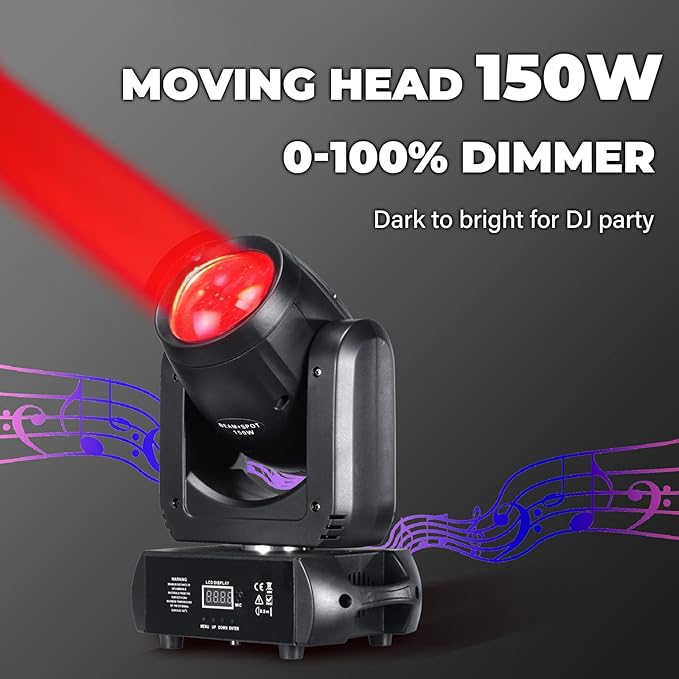 150W Moving Head DJ Lights LED Stage Light Beam Spot Wash 8 Gobos 8 Colors Stage Lighting DMX 512 with Sound Activated for Wedding Live Show Disco Events Party(150W, 1)