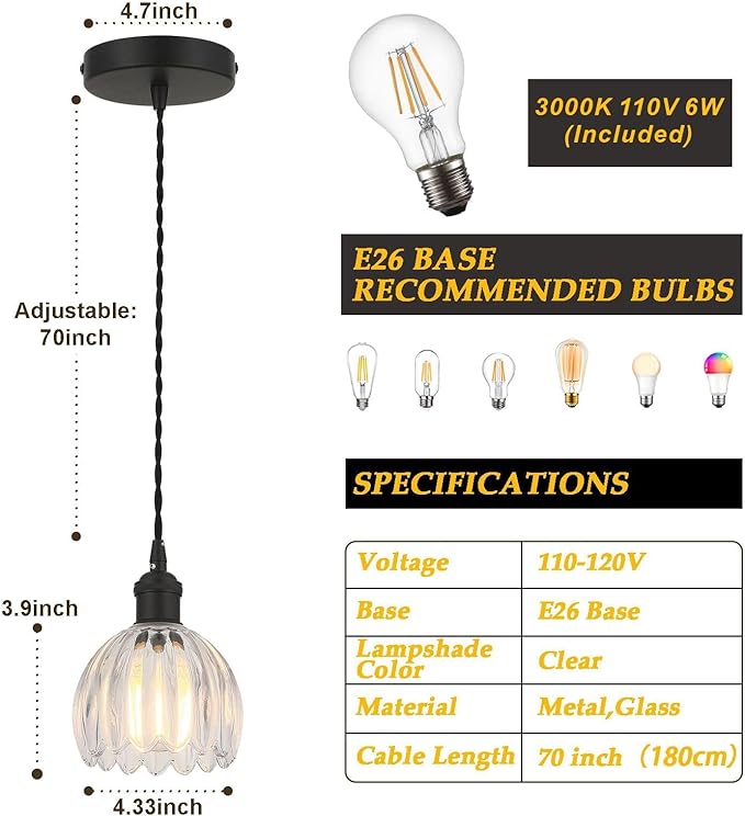 Vintage Black Pendant Light with Clear Tulip Glass Lampshade, Ideal Pendant Light Fixtures with 70 Inch Cord for Kitchen Island, Dining Room, Bedroom, Over Table, Living Room & Entryway (Hardwired)