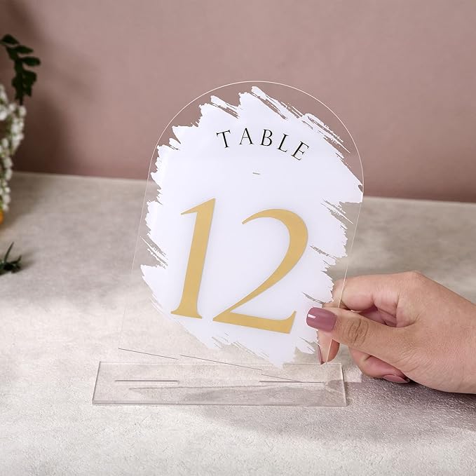 UNIQOOO 10 Pack Acrylic 5x7 Clear Arch Table Sign for Wedding with Holders, 1/8 in Thick, DIY Blank Arch Sign Sheet Perfect for Decoration, Party,Anniversary, Event, Stand Included