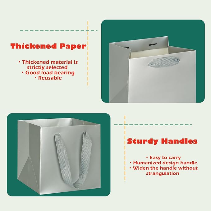 ADIDO EVA Silver Square Gift Bags Small Size Square Bottom Paper Bags with Handles for Party Favor, Shopping Packaging Bags (8x8x8 In, 10 CT)