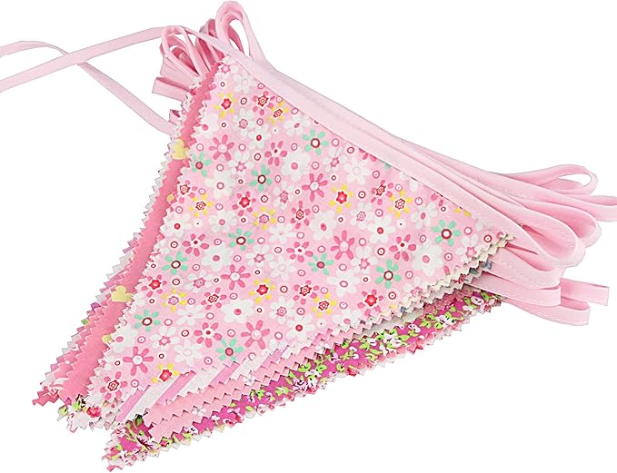 jijAcraft 39Ft Triangle Bunting Banner, 42Pcs Tea Floral Party Bunting Cotton Fabric Flags Pennant Garlands for Birthday Party, Wedding, Baby Shower, Outdoor and Home Decorations (Pink)