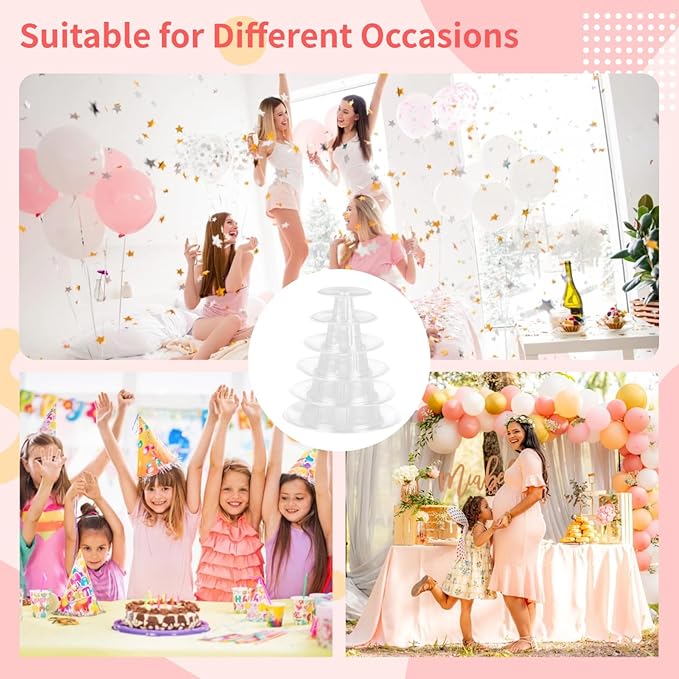 OMISTAR 2 PCS 6-Tier Clear Macaron Display Stands, Plastic Macaron Tray Tower with Stainless Steel Serving Tongs, Transparent Cupcake Dessert Stand for Weddings, Birthday Parties, Bakeries