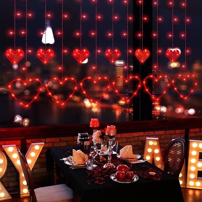 Valentines Day Decor, 138LED 12 Hearts Curtain Lights for Bedroom, Window Lights with Remote 8 Modes, USB and Battery Powered Valentines Lights for Wedding Birthday Anniversaries Party Decor (Red)