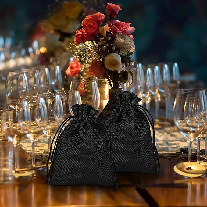 20pcs Burlap Drawstring Gift Bags, 3.9 x 5.5 Black Linen Pouches Candy Jewelry Party Halloween Wedding Favor Bags