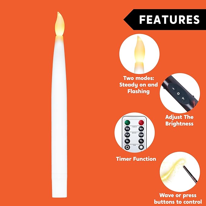 JOYIN 20Pcs Halloween Floating Candles with Wand Remote Flickering Warm Light Taper Magic Hanging Candles with 2 Light Mode and Timer Flameless LED Candle for Halloween Window Decorations Party Gift