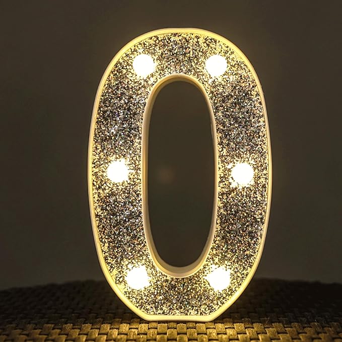 Light Up Marquee Letters for Table Decorations, Glitter Signs for Prom, Events, or Engagement Party Decor, Featuring Alphabet & Number Lighted Letters, Number 0