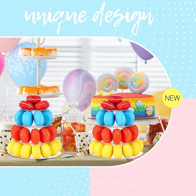 Juexica 4 Pcs Round Macaron Display Tower Stand 4 Tiers Plastic Cake Rack Macaron Wedding Cupcake Display Food Serving Stands Clear Dessert Tower for Wedding Baby Shower Birthday Decoration