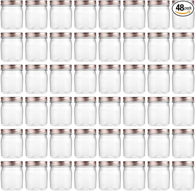 novelinks 8 oz Clear Plastic Jars with Screw-On Lids - BPA-Free Refillable Storage Containers for Slime, Spices, Crafts, Kitchen & Home Organization (48 Pack,Rose Gold)