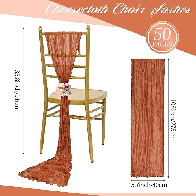 50 PCS Cheesecloth Chair Sashes, Bows Designed ChairSashes, 15.7x108 inch Chair Sashes for Aisle Decorations Universal Chairs Cover Decoration for Wedding Reception Party Banquet (Terracotta)
