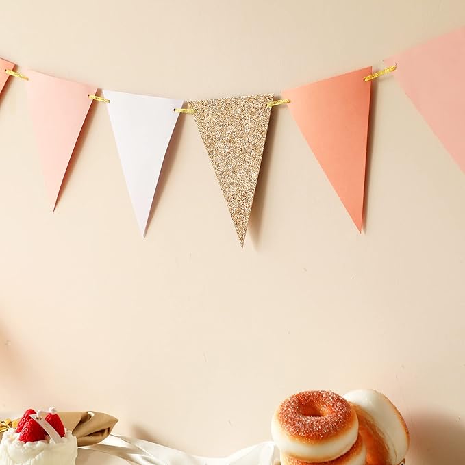 Fonder Mols 10-feet Vintage Flags of Paper Pennant Banner, Triangle Flags Bunting Banner Garland for Boho Wedding, Baby Shower, Girl Room Nursery Decoration (Ivory+Pink+Rose Gold Glitter)