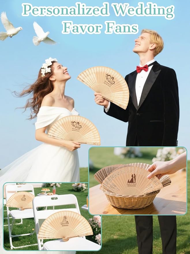 100Pcs Personalized Folding Hand Fans Custom Engraved Summer Wedding Fan,Personalized Wooden Fans Party Favor Bridal Shower Gifts for Guests