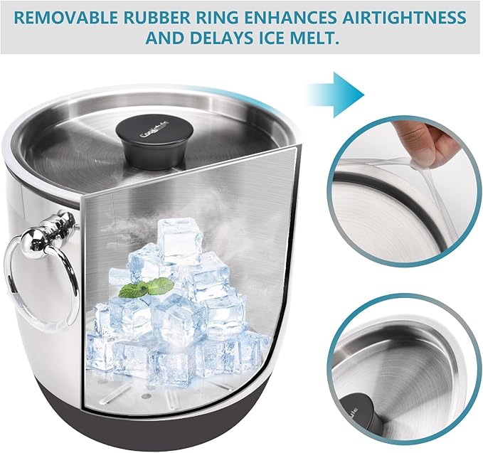 Double-Wall Stainless Steel Insulated Ice Bucket With Lid & Ice Tong [3 Liter] Included Strainer Keeps Ice Cold & Dry, Home Bar, Chilling Beer, Champagne, Wine Bottle