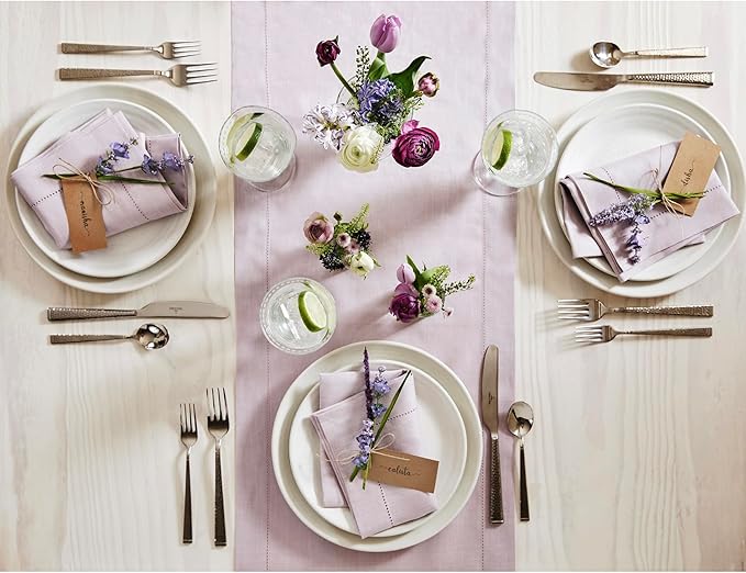 Solino Home Linen Table Runner 36 Inches - 100% Pure Linen Lilac Hemstitch Table Runner 14 x 36 Inch Ideal for Dresser and Coffee Tables - Classic Hemstitch