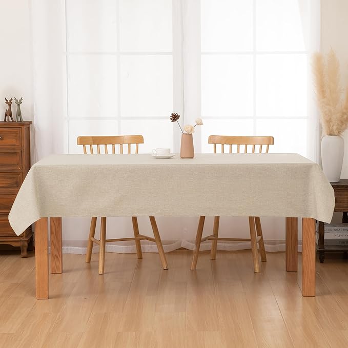 Hiasan 2 Pack Faux Linen Rectangle Tablecloth - Wrinkle and Stain Resistant Washable Table Cloth for Kitchen Dining Room Holiday Table Cover for Dinner, Beige, 60 x 140 Inch