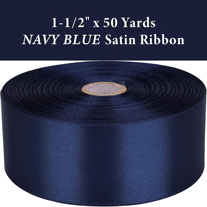 1-1/2" x 50 Yards Navy Blue Satin Ribbon Single Faced Fabric Ribbons for Gift Wrapping, Crafting, Floral Arrangements, Flower Bouquet, Wedding, Home Decor
