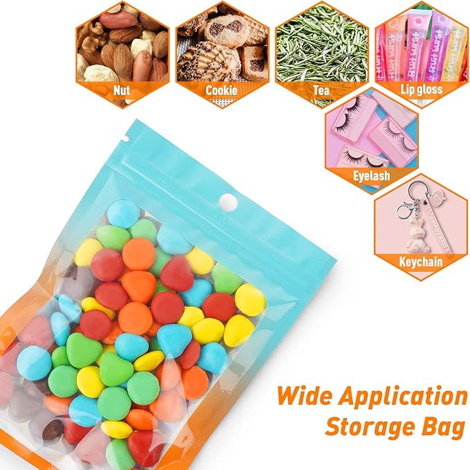 Funfery 100 Pack Gradient Holographic Bags,Mylar Resealable Bag with Zipper,Clear Window Packaging Pouch,Smell Proof Foil Bag for Food Storage,Sample Jewelry Baggies(6.3x9.4In,Blue Orange)