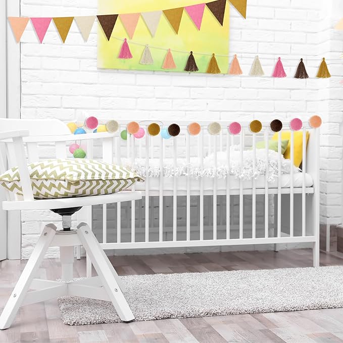 Irenare 9.8 ft Pom Pom Garland Felt Colorful Tassel Banner Christmas Party Pompoms Garland Decorations Felt Pennant Banner for Classroom Home Mantel Fireplace Birthday(Boho Color)