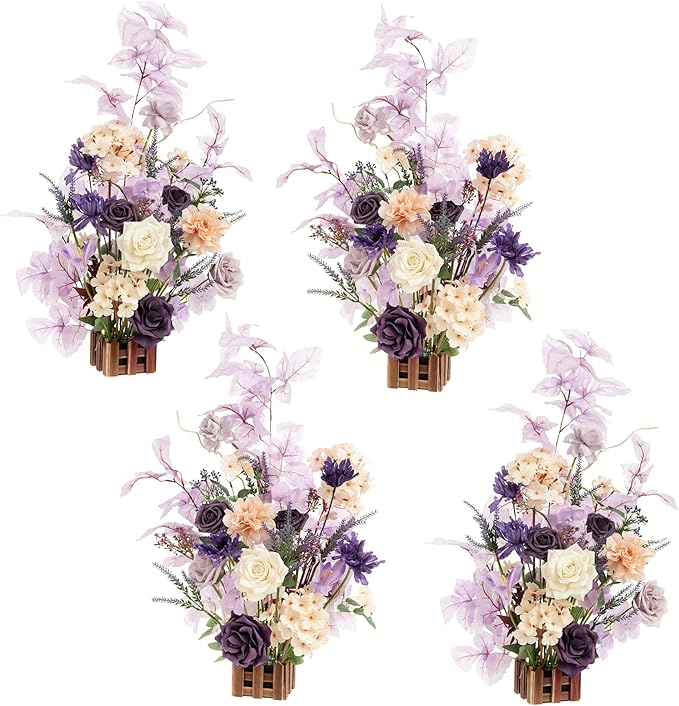 Ling's Moment 17.5" Tall Standing Artificial Flowers Arrangements 4 pcs Wedding Aisle Runner Chair Decorations French Lavender Plum Centerpieces Ceremony Reception Rose Floral Party Outdoor