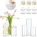 Set of 3 Glass Cylinder Vases for Centerpieces with 2 Pack Vase Filler 3 Pearl String 6 White Floating Candles for Centerpieces, Table Center Pieces for Wedding Party Home Decor 5, 6, 8 Inch