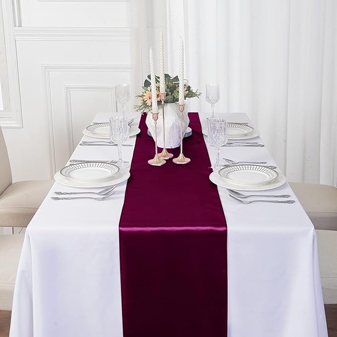 12Pack Table Runner 12 x 108 Inches Satin Silk Table Runner for Wedding, Birthday Party, Banquets, Graduations Decoration, fit Rectange and Round Table-Burgundy
