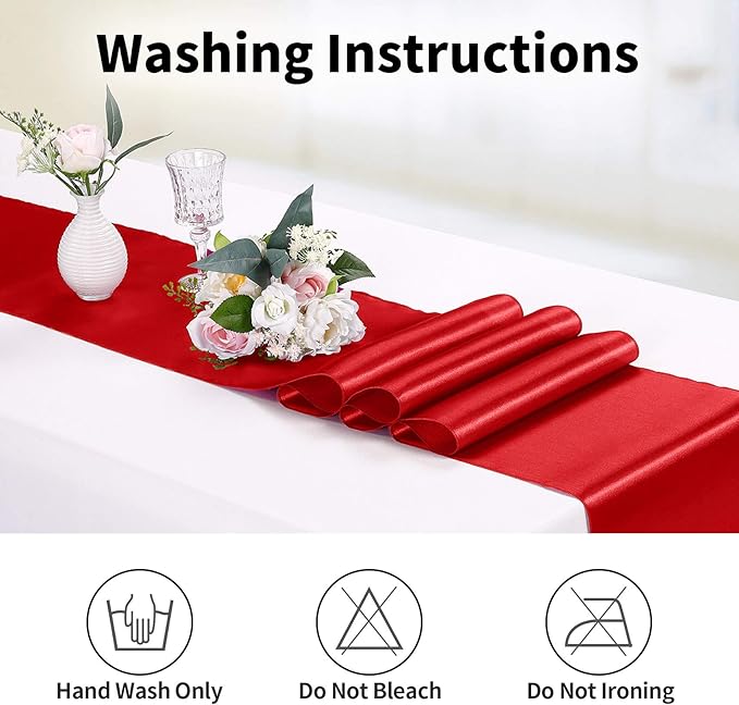 15-Pack Satin Table Runner Red 12 x 108 inches Long, Table Runners for Wedding, Birthday Parties, Banquets Decorations（15 Pack, 12x108 Inch, Red）