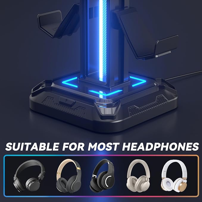 KDD RGB Headset Stand with 9 Light Modes - Controller Holder for Desk - Rotatable Headphone Stand & Detachable Controller Hook for PC Earphone Accessories(Black)