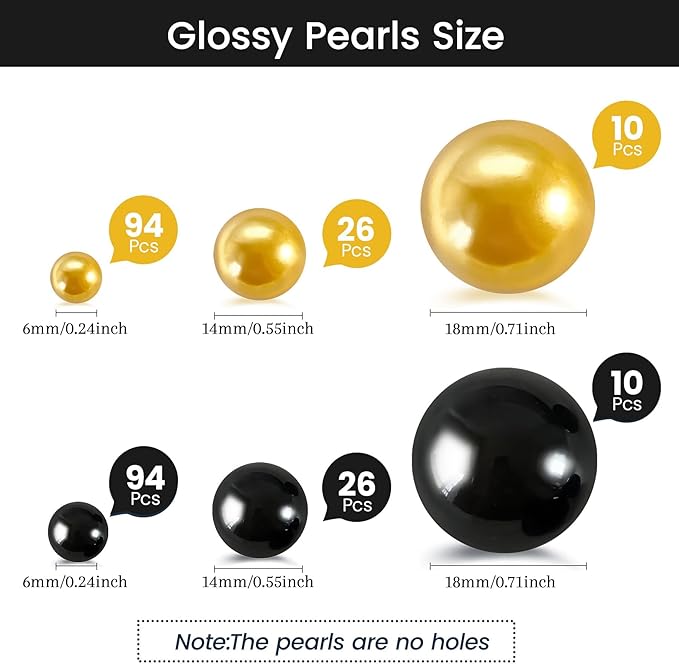 260Pcs Black and Gold Glossy Beads for Centerpiece Decor, Artifical Pearls Vase Filler, No Hole Round Pearl Beads for Wedding Birthday Christmas Party Home Decor(18mm 14mm 6mm)