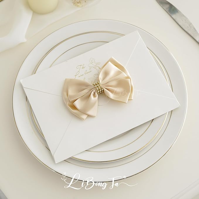 Champagne Gold Ribbon Bow 4'' Premade Satin Bows, Gift Bows with Rhinestone, Wrapping Bow for Presents, Greeting Cards, Treat Bags, Wine Bottle, Valentines Bows for Gift Wrapping-12 Counts