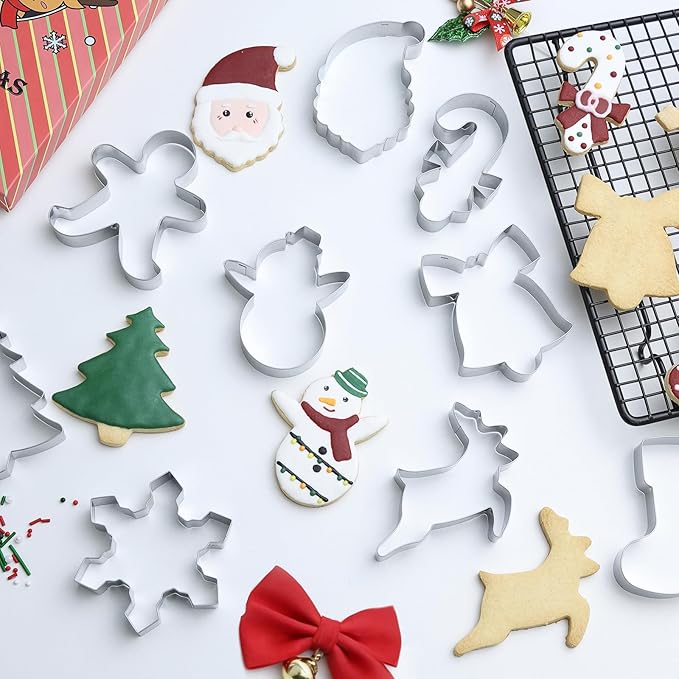 Christmas Cookie Cutters Set- 9 Piece Stainless Steel Winter Holiday Metal Shapes-Christmas tree, Snowman, Candy Cane, Bells, Snowflakes, Gingerbread Man, Reindeer, Socks,Santa Face Shapes