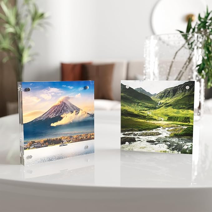 4x4 Acrylic Picture Frame 1 Pack, Clear Freestanding Double Sided Frameless Magnetic Photo Frames, Desktop Display Decor Gift