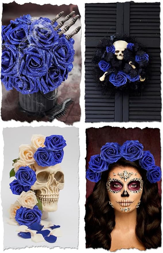 N&T NIETING Artificial Flowers Glowing Navy Blue Flowers Foam 50pcs Glitter Roses Real Looking Fake Roses with Stem for DIY Wedding Bouquets Centerpieces Bridal Shower Party Home Decorations
