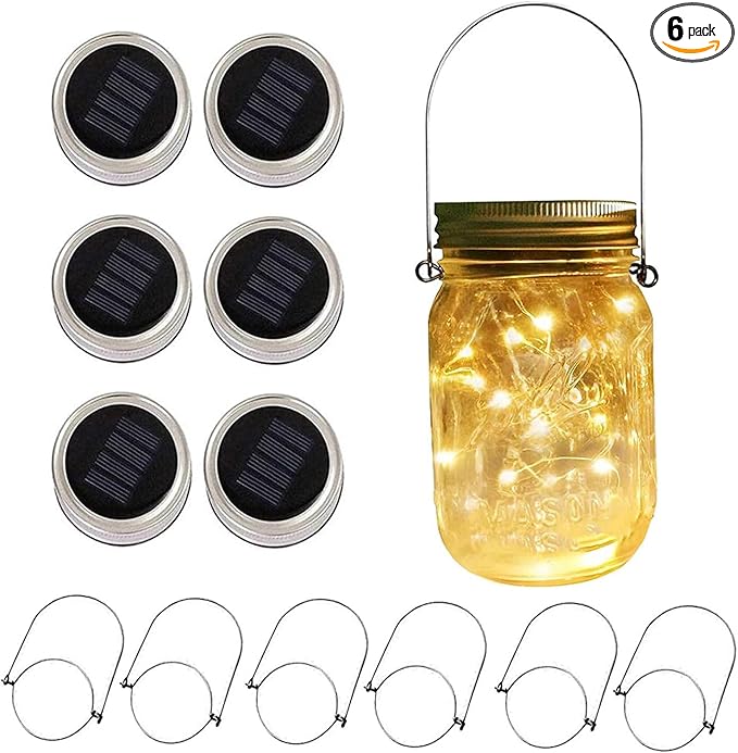 6 Pack Solar Mason Jar Lights for Outside, 30 LED Solar Mason Jar Lids Fairy Lights with 6 Hangers(No Jars) Outdoor Waterproof for DIY Patio Garden Yard Lawn Party Wedding Decoration Warm White