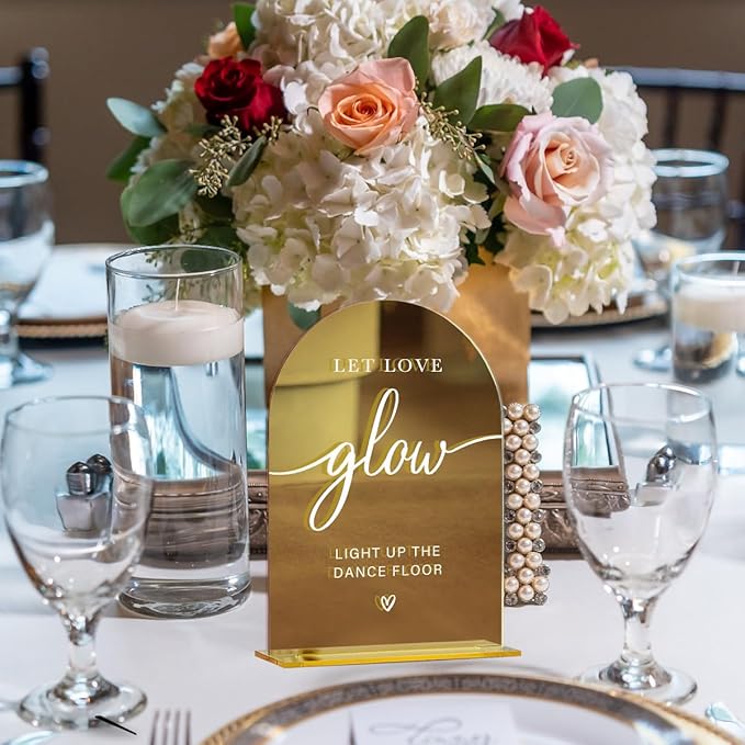 Acrylic Wedding Sign, Bridal Shower Decorations, Let Love Glow Sign for Ceremony, Modern Font Table Signs, Gold Mirror Arched Acrylic Tabletop Signs for Wedding Reception and Event Party