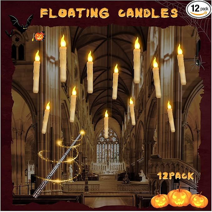 Floating Candles with Wand Remote, Magic Floating Halloween Candles, Flameless LED Flickering Witch Decor Hanging Candles for Halloween Christmas Birthday Party Room Ceiling Decorations, Pack of 12