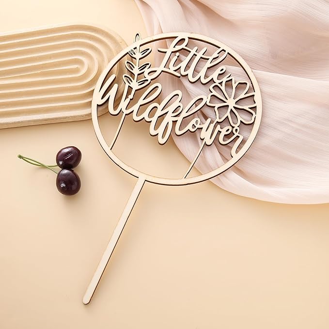 Little Wildflower Wood Cake Topper - Floral Wooden Cake Topper Decor, Baby Shower Gender Reveal Cake Sign Decorations, Photo Props