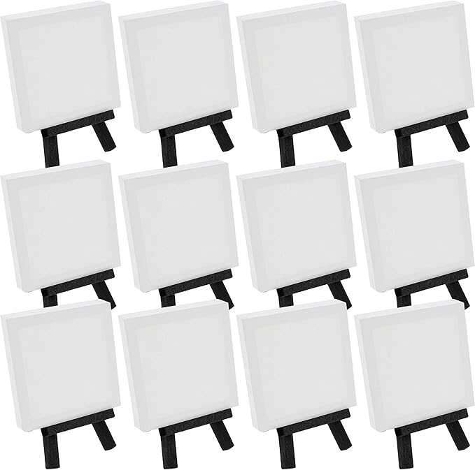 U.S. Art Supply 3" x 3" Stretched Canvas with 5" Mini Easel Kit (12 Pack) - Black Wooden A-Frame Tabletop Display Stand, Mini Easel Stand - Small Easels for Display, Small Canvases, Crafts, Photos
