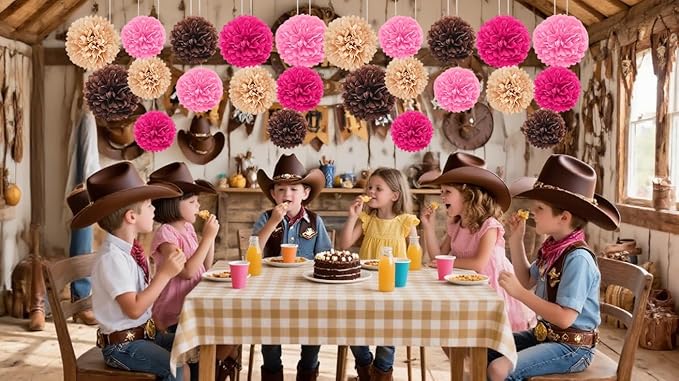 Capesaro Pink and Brown 12PCS Paper Pom Poms Party Decorations for Western Cowgirl Birthday Retro Rodeo Party, Hanging Tissue Paper Flowers for Engagement,Wedding,Baby Shower